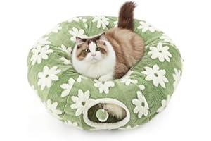 ZRWD Cat Tunnel Bed with Central Washable Cushion, Indoor Cat Tunnel Tube Toys 3 Shape to Play, Fresh Green Flowers Theme, Round Plush Cat Toy Tunnel Bed for Kitten, Cat, Puppy, Rabbit (Green)