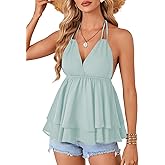 Rooscier Women's Ruffle Sleeveless Halter Deep V Neck Cami Backless Sexy Skater Peplum Top