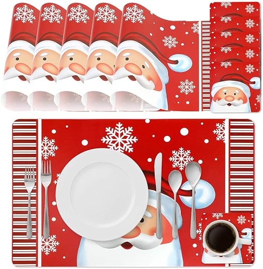 Joyibay Christmas Placemats, Red Christmas Table Mats and Coasters Set of 6, Washable Kitchen