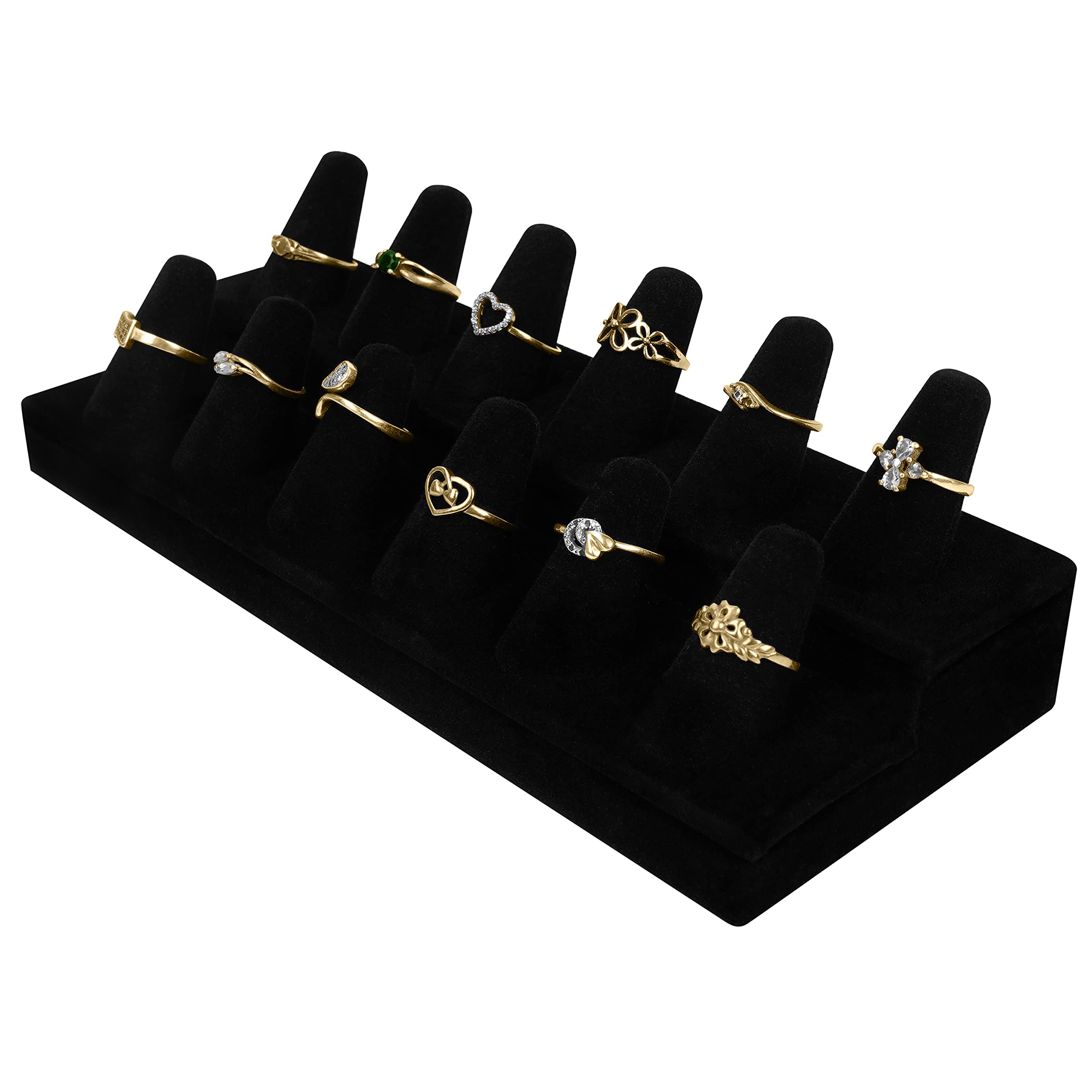 BELLE VOUS Black Velvet Ring Storage Display Holder - 2 Tier 12 Finger Cone Jewellery Tray Stand with Sturdy Base - Ring Organiser for Bedroom, Shops & Jewellery Showcase