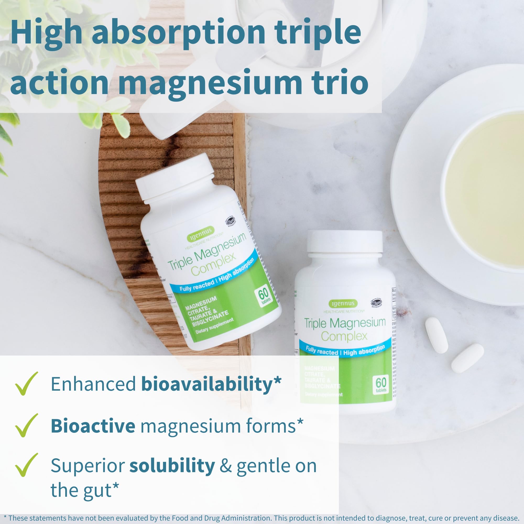 Igennus Superior Triple Magnesium Complex, Fully Reacted & Chelated Glycinate, Taurate & Citrate, Clean Label, High Bioavailability & Absorption, 60 Tablets, Vegan, Non-Buffered