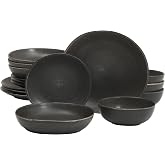 Gibson Elite Zion Mist 16 Piece Stoneware Reactive Glaze (Service for 4) Ceramic Plates and Bowls Modern Organic Dinnerware Set - Black