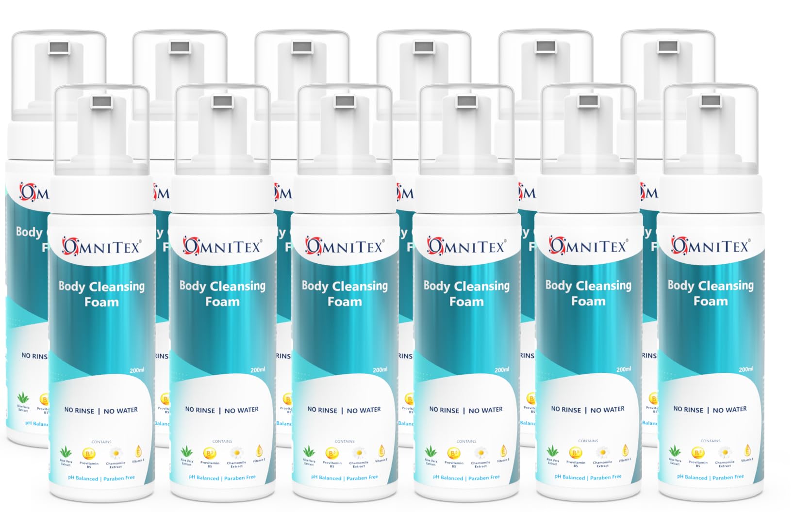 12x 200ml Omnitex Rinse Free Body Cleansing Foam, With Herbal Oils & Vitamins | No Water - No Rinse Body Wash | Clean, Nourish & Protect, No Parabens, Latex Free, Alcohol Free, Dermatologically Tested