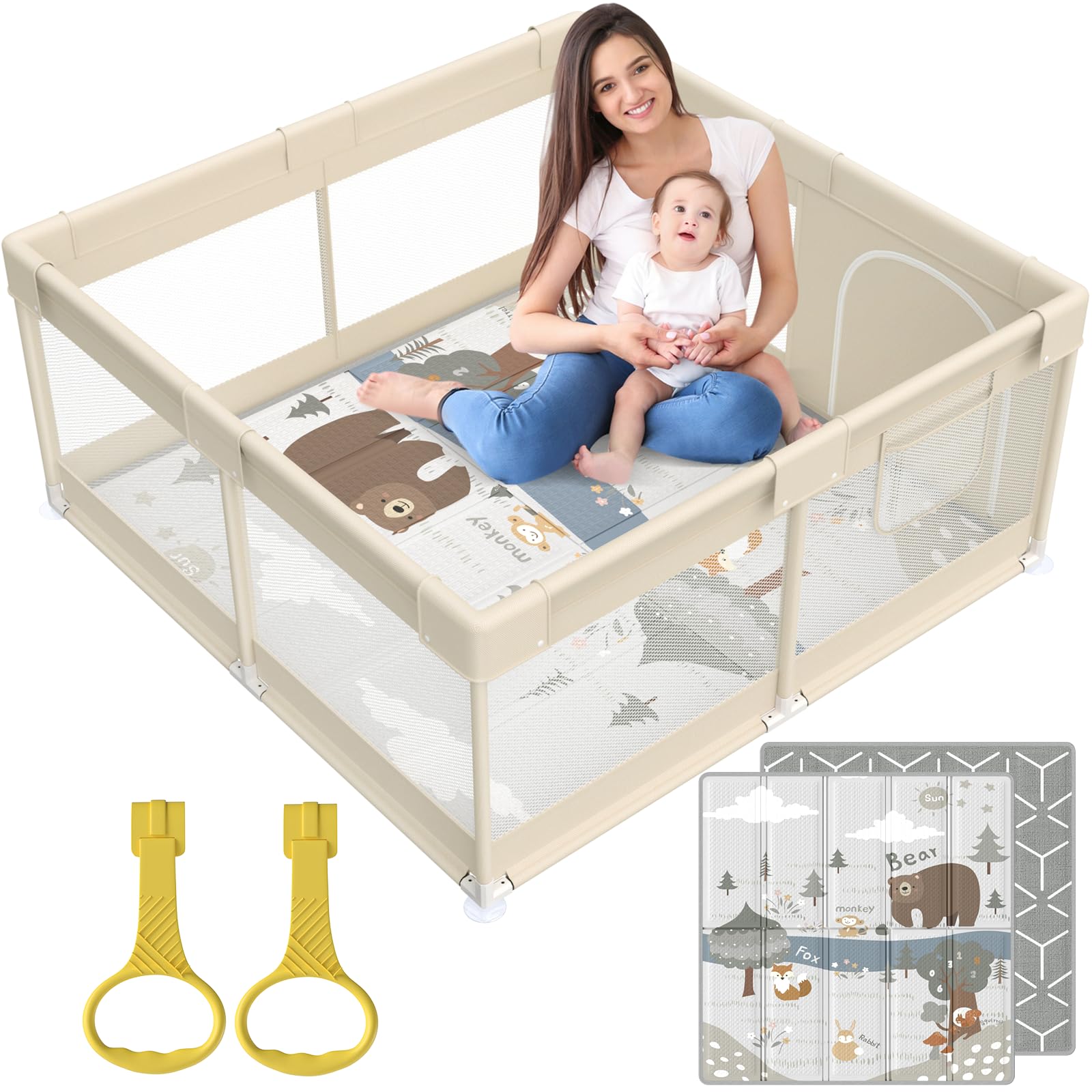 Fodoss Baby Playpen with Mat, Small Baby Play Pen(47x47inch), Playpen for Babies and Toddler (47×47inch Beige with mat) Image