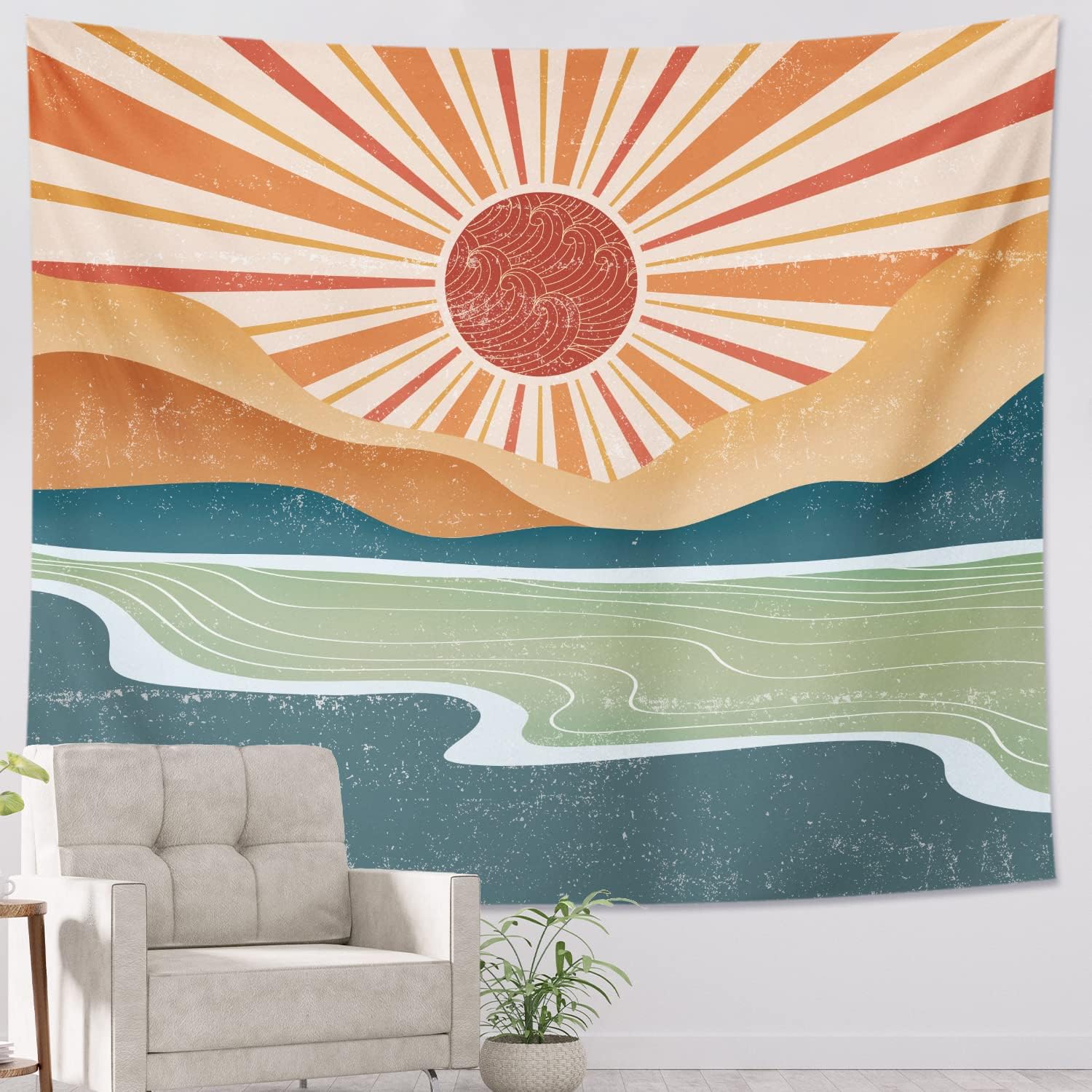 Tapestries - TPHIHPT Green Bohemian Mountain Tapestry Aesthetic Art Sunset Vintage Sun 70s Rainbow Tapestry for Bedroom Living Room Dorm Classroom Office Decor 59x51 Inch