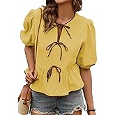 Falechay Womens Summer Tops Bowknot Puff Short Sleeve Blouses Dressy Casual Cute Babydoll Flowy Peplum Shirt for Women