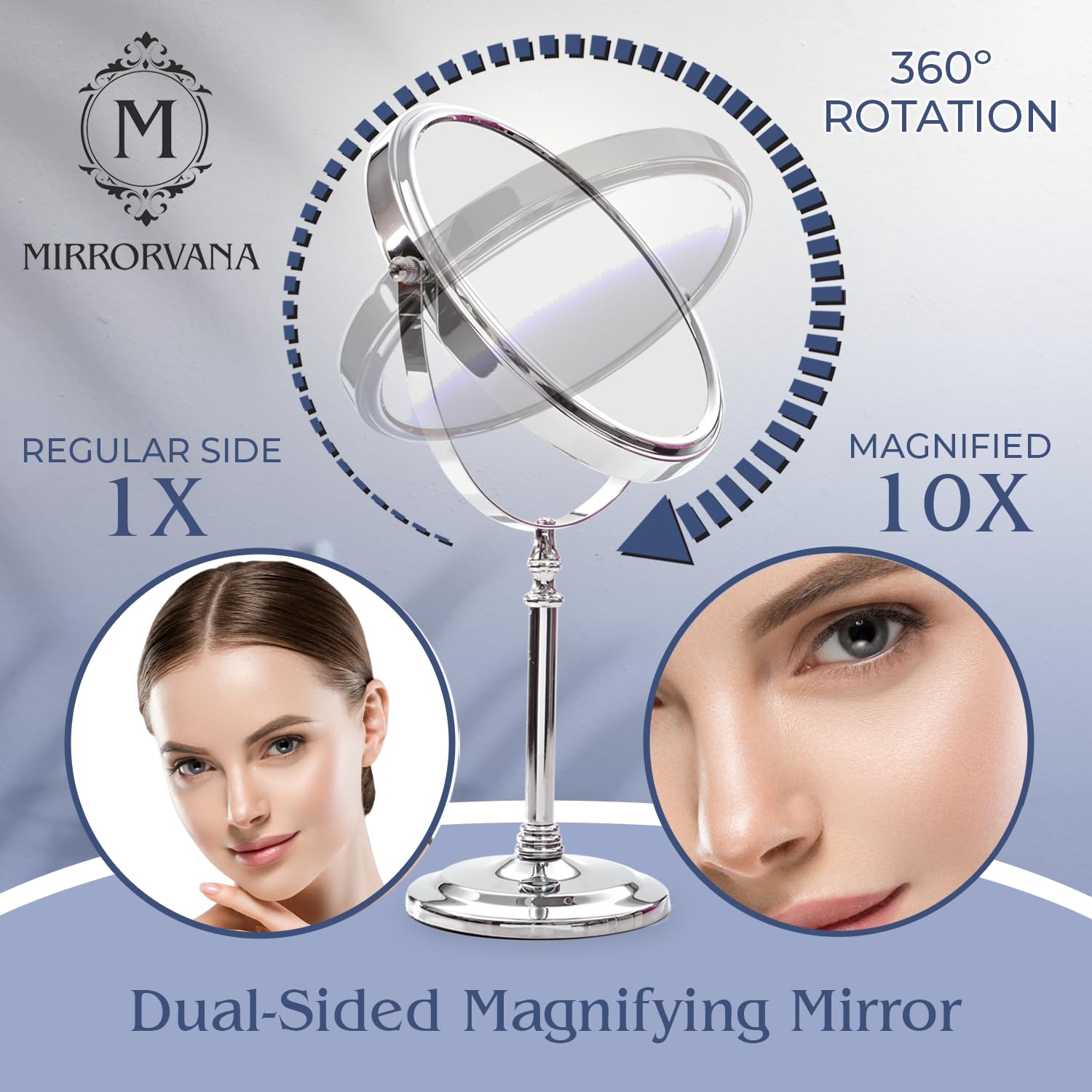 MIRRORVANA Large Double Sided 10X and 1X Magnifying Makeup Mirror with Stand in Gift Box, 15” Tall and 8” Wide
