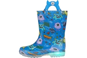 JSLOVE Toddler-Kids Light Up Rain Boots, Printed 100% Waterproof Glitter Rain Boots with Easy On Handles for Girls and Boys, Mud Lightweight Adorable with Non-Slip Sole