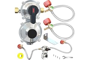 MEFUN New RV Propane 2-Stage Auto Changeover LP Propane Gas Regulator-2 Tank with Two 18" RV Pigtail Propane Stainless Braided Hoses with Gauge Dual Propane Tank Regulator for RVs, Vans,Trailers,Campe