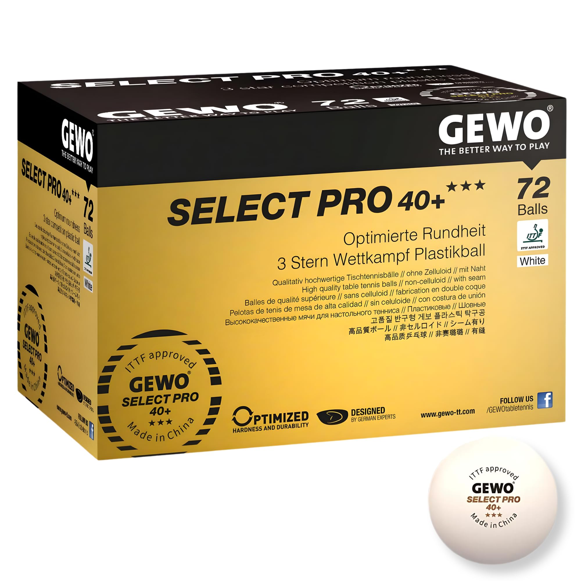 GEWO Select PRO Table Tennis Balls - 3 Star Table Tennis Ball Made of Plastic 40+ with Stitching - ITTF Certified Competition Balls - 72 Professional Table Tennis Balls White, 40+ mm,