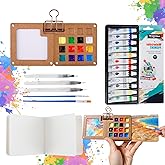 Mini Watercolor Paint Set, Mini Watercolor Travel Set, Pocket Watercolor Kit with Paints, Watercolor Brush Pens, Sketchbook & Wooden Box for Artists & Students