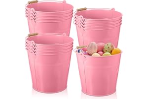 Didaey 12 Pcs Large Galvanized Metal Buckets with Handle 10 Inch Heavy Duty Stainless Steel Pails Round Pail for Party Wedding, Crafts, Utensils, Table Centerpieces (Pink)