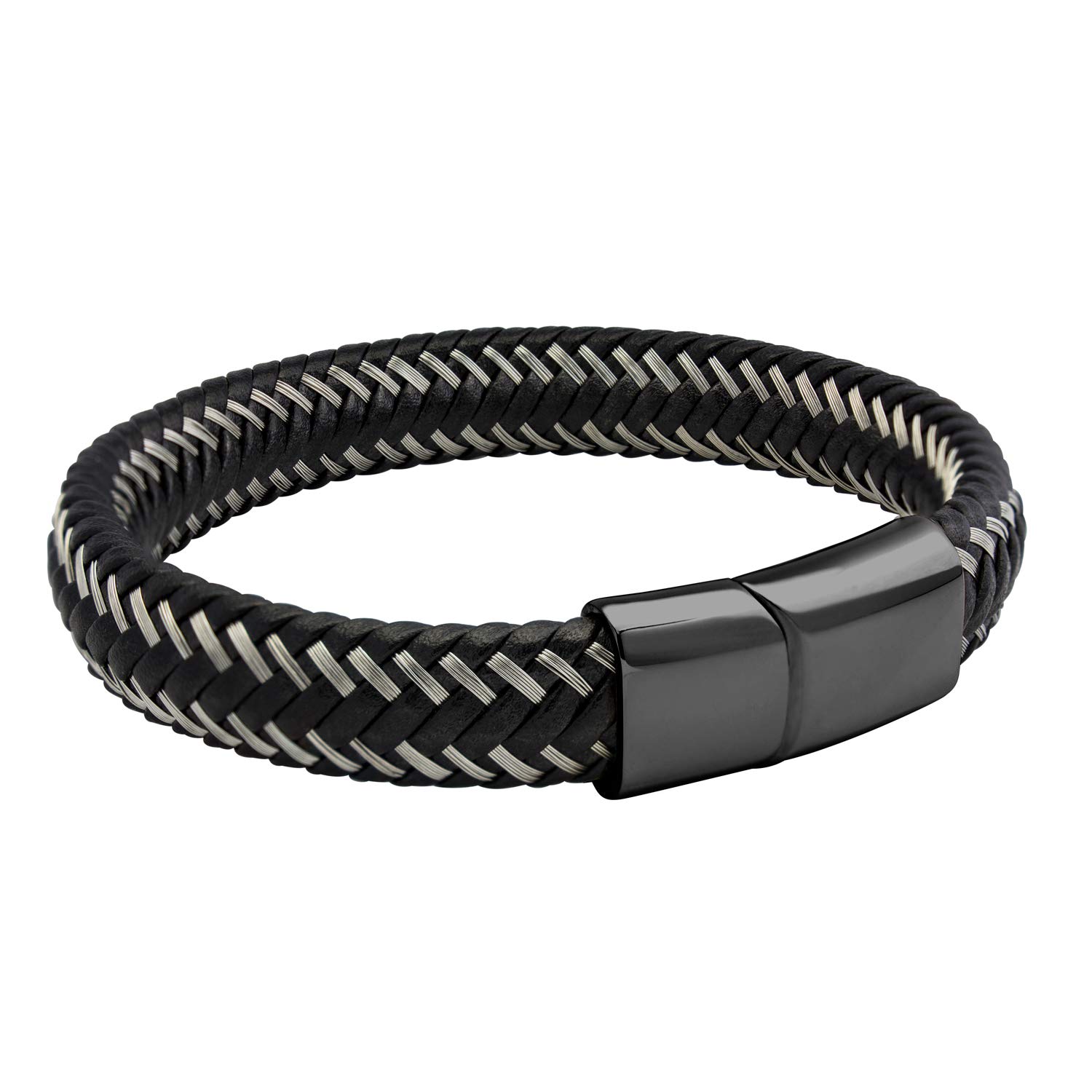 555Jewelry Mens Bracelets Leather and Steel, Magnetic Clasp Braided Silver & Black Leather Bracelets for Men, Mens Leather Bracelet, Men Bracelets, Black, 8.25 Inch