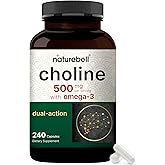 NatureBell Choline 500 mg with Omega-3 Fatty Acids, 240 Capsules | Extra Strength 2-in-1 Choline Bitartrate Formula | Non-GMO