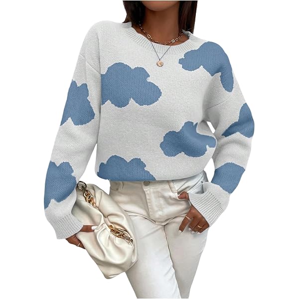 SHENHE Women's Cloud Pattern Sweater - Crewneck Drop Shoulder Casual Pullover Jumper