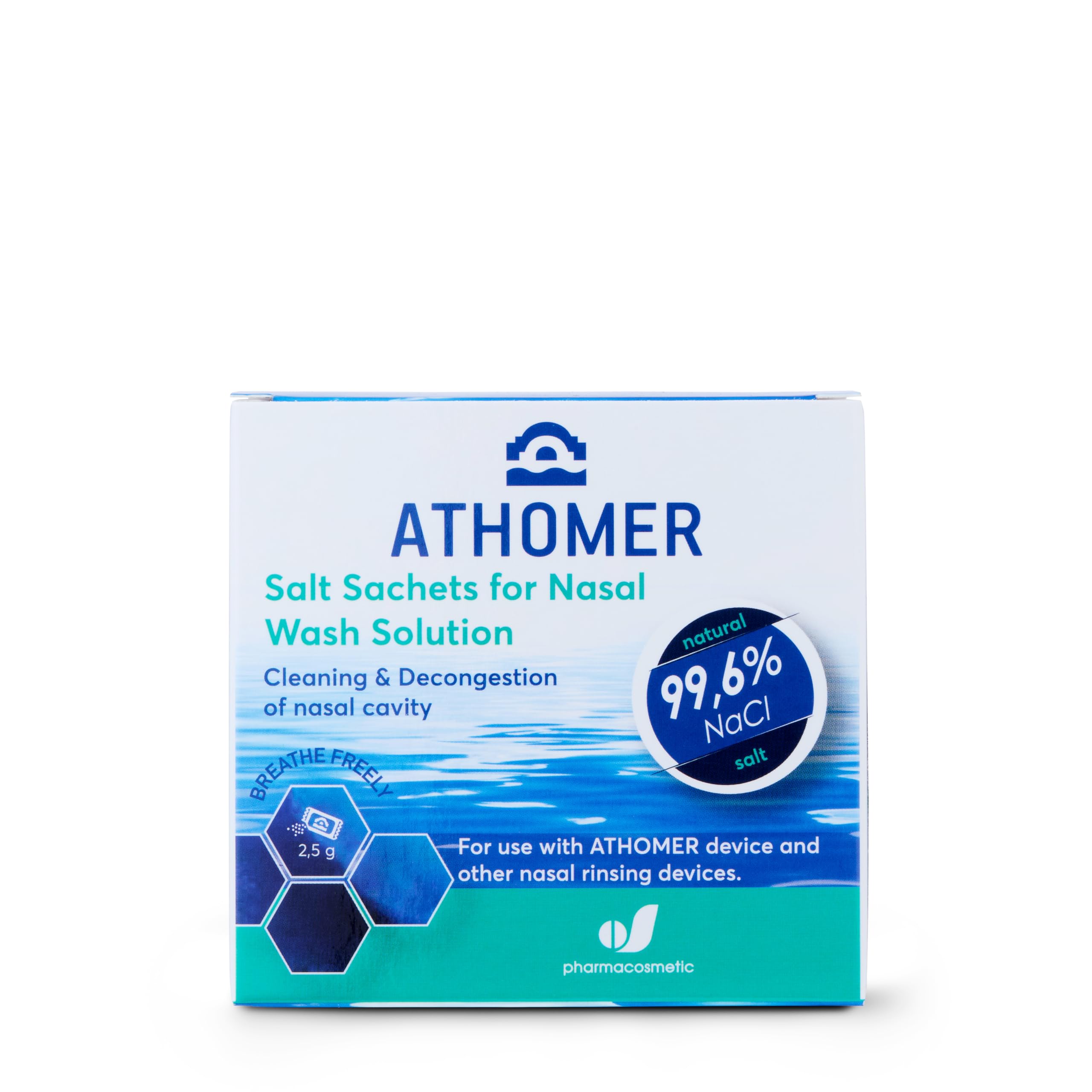 Athomer Nasal Wash Salt - 50 Sachets x 2.5g of Sea Water Salt - Cleans and Decongests the Nasal Cavity - Gentle and Moisturizing for Adults and Kids