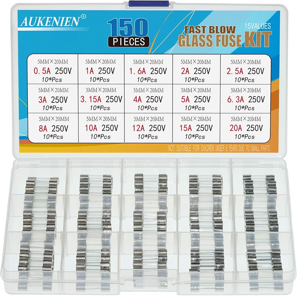 AUKENIEN 15 Type 5x20mm Fast Blow Glass Fuses 0.5A-20A 150Pcs Kit