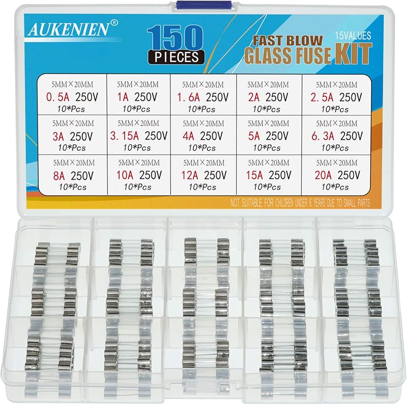 AUKENIEN 15 Type 5x20mm Fast Blow Glass Fuses 0.5A-20A 150Pcs Kit