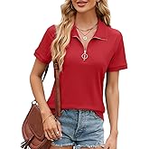 Vidifid Women's Short Sleeve Zipper Polo Shirts Summer Collared Down T Shirts Top Casual Loose Fit Blouses