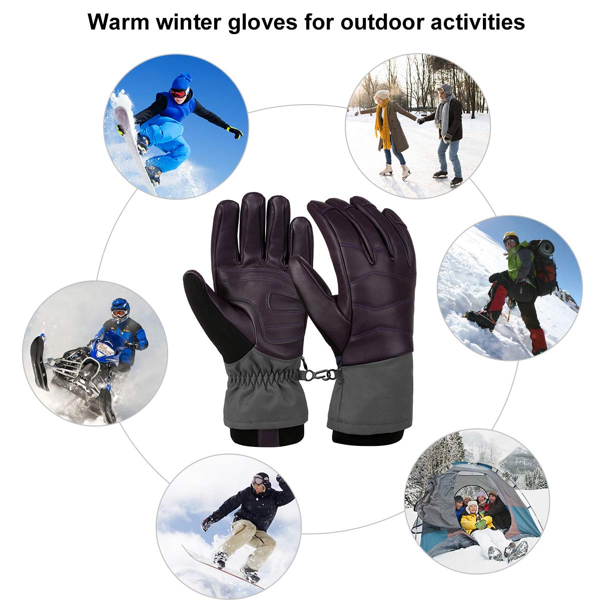 Vbiger Winter Skihandschuhe Snowboard Handschuhe Outdoor Sports Handschuhe Verdickt Warm Schnee Handschuhe für Herrenund Damen, Lila, M