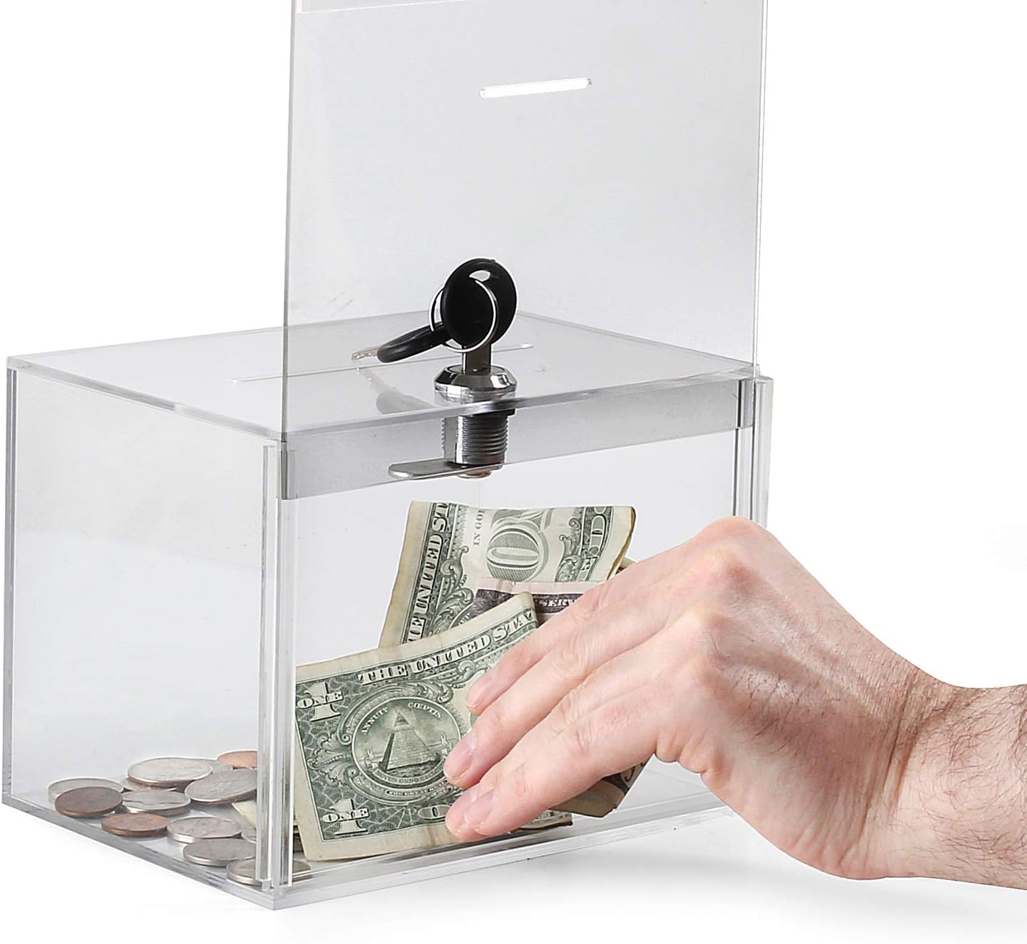 Acrylic Charity Donation Ballot Box Fundraising Coin Collection Tip Box 6.5" x 5" x 5" Office Suggestion Box Piggy Bank Ticket Box with Large 8.5" x 6.5" Display Area with Lock and Keys - Image 4