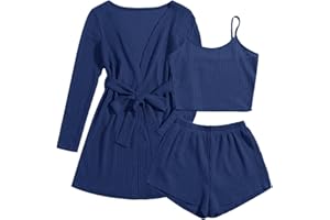 Ekouaer Womens 3 Piece Waffle Knit Lounge Set Soft Pajama Sets Tank Top and Shorts Cardigan with Pockets S-XXL