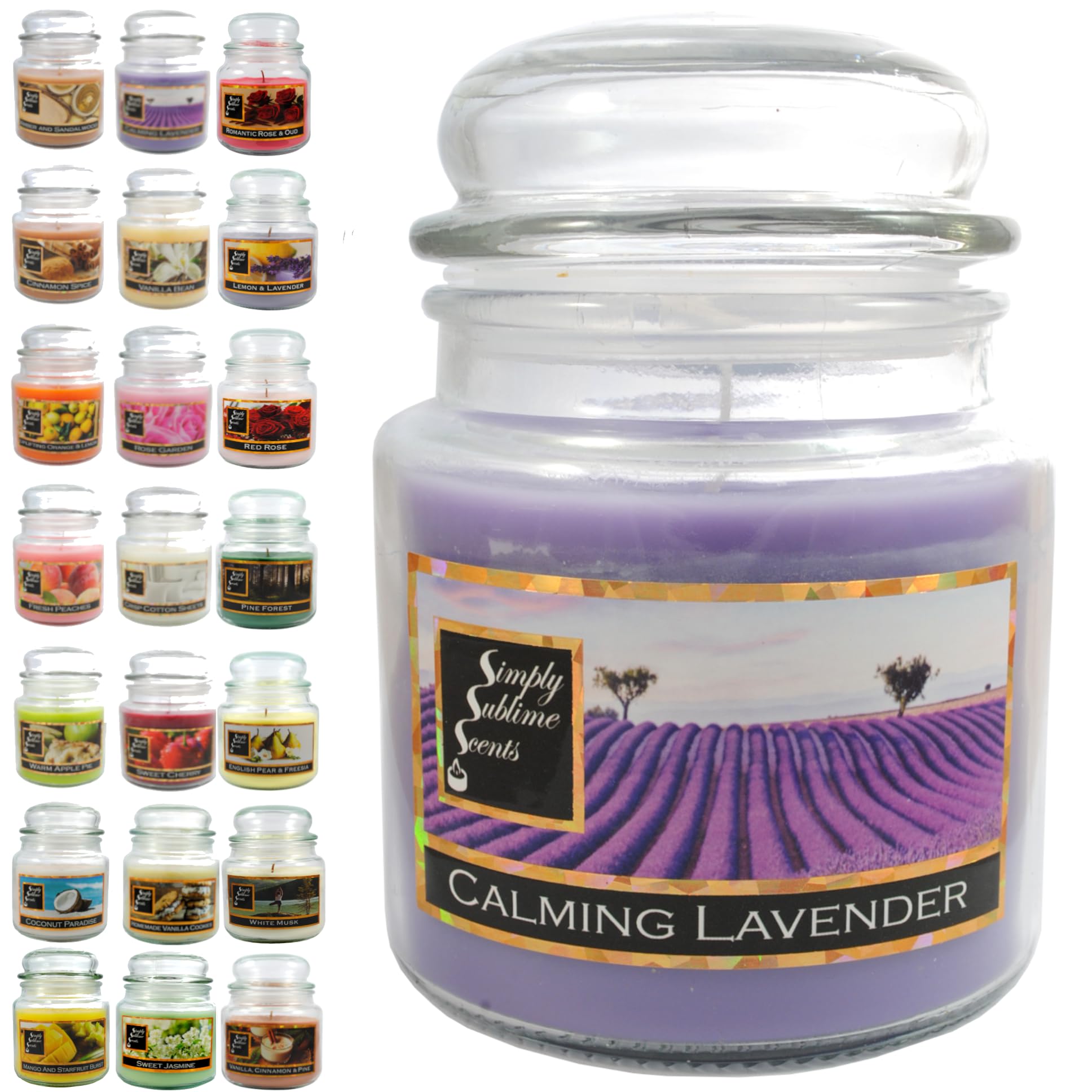 SIMPLY SUBLIME SCENTS - Luxury Scented Candle - Exceptional Fragrance Oil - Medium Glass Jar, Up to 76 Hours - Clever Wax Formula for Long, Clean, Even Burn - Calming Lavender - Cotton Wick