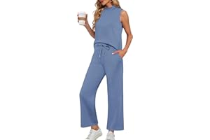 Lepunuo Two Piece Sets for Women Summer Mock Neck Sleeveless Top Wide Leg Pants Lounge Sets Vacation Travel Outfits