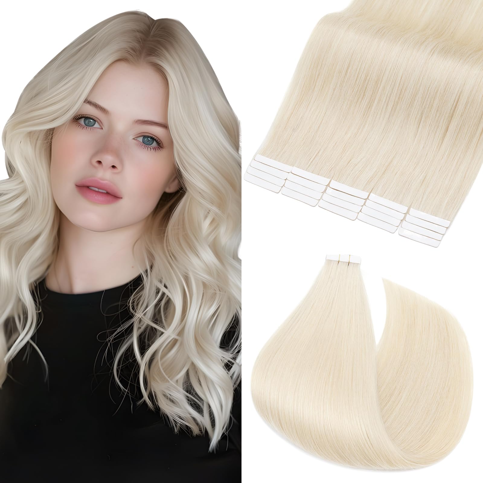 Elailite Tape in Hair Extensions Human Hair - Skin Weft 100% Real Remy Hair Extensions Straight 20 Pcs (14 inches 40g, #70 Bleach White)