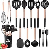 Silicone Cooking Utensil Set, 14pcs Kitchen Utensils Set Non-stick Heat Resistant Cookware Copper Stainless Steel Handle Cook