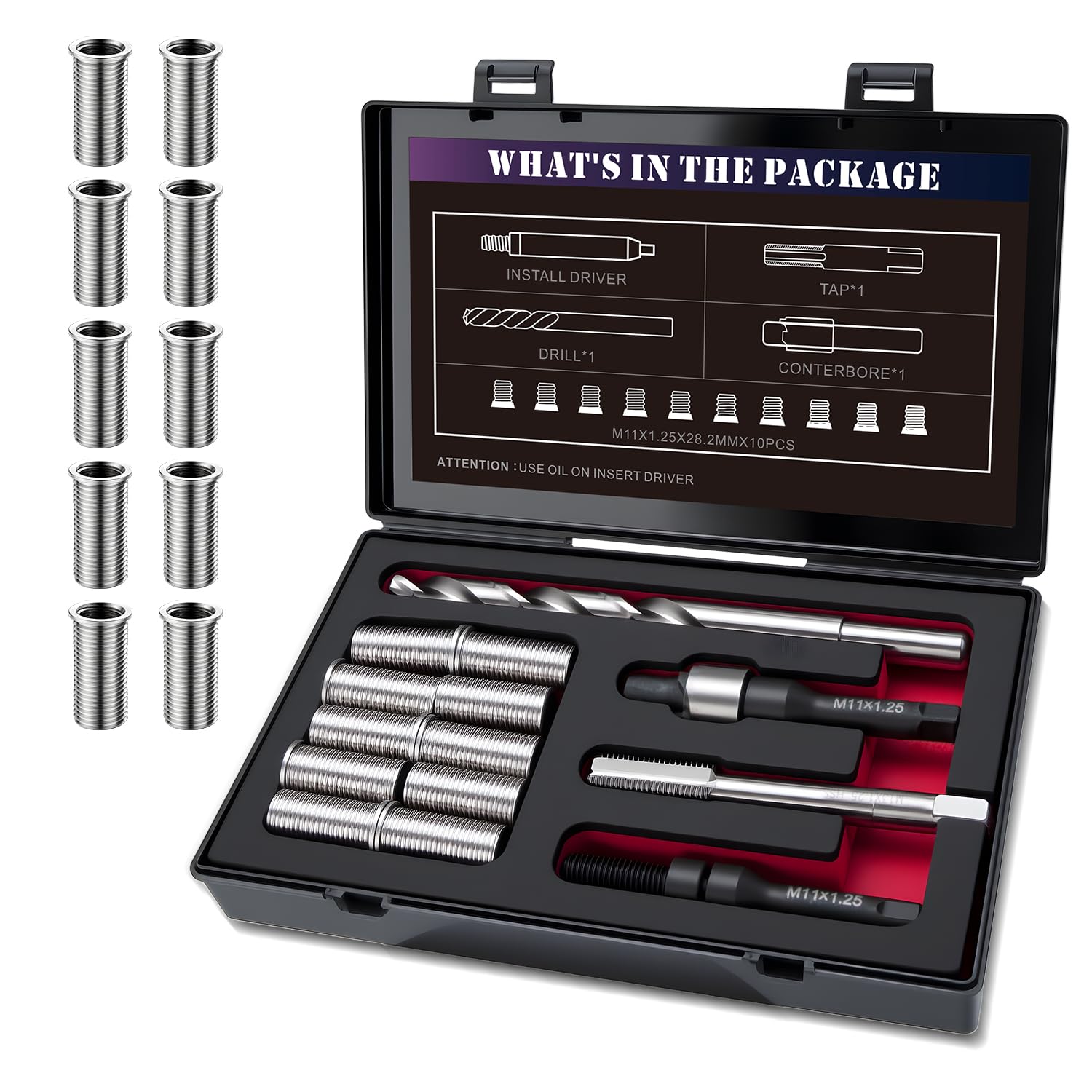 Photo 1 of ***MISSING PARTS***
SENNMONN M11X1.25X28.2MM Thread Repair Kit with Insert HSS Drill, Tap, Counterbore, Installation Driver, Metric, 10PCS Stainless Steel Insert M11X1.25X28.2MM