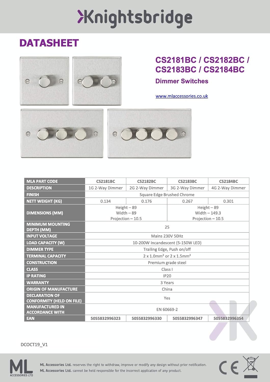 Knightsbridge CS2183BC 3G 2 way 10-200W (5-150W LED) trailing edge dimmer - Square Edge Brushed Chrome, 149.3 mm*89.0 mm*10.5 mm - Image 3