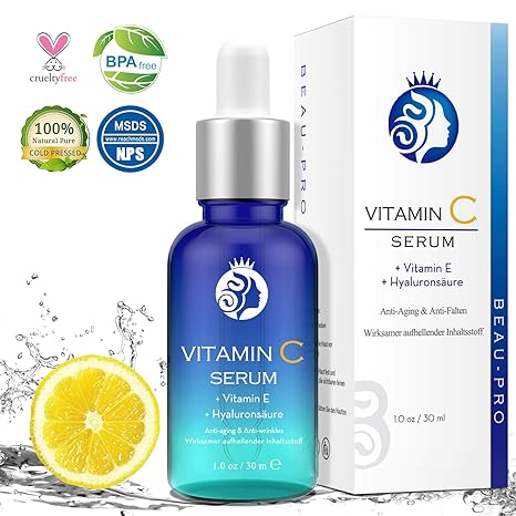 Vitamin C Serum, Hochdosiert mit Hyaluronsäure von BEAU-PRO, Natürliche AntiAging+Anti Falten für Gesicht, mit 20% Vitamin C+