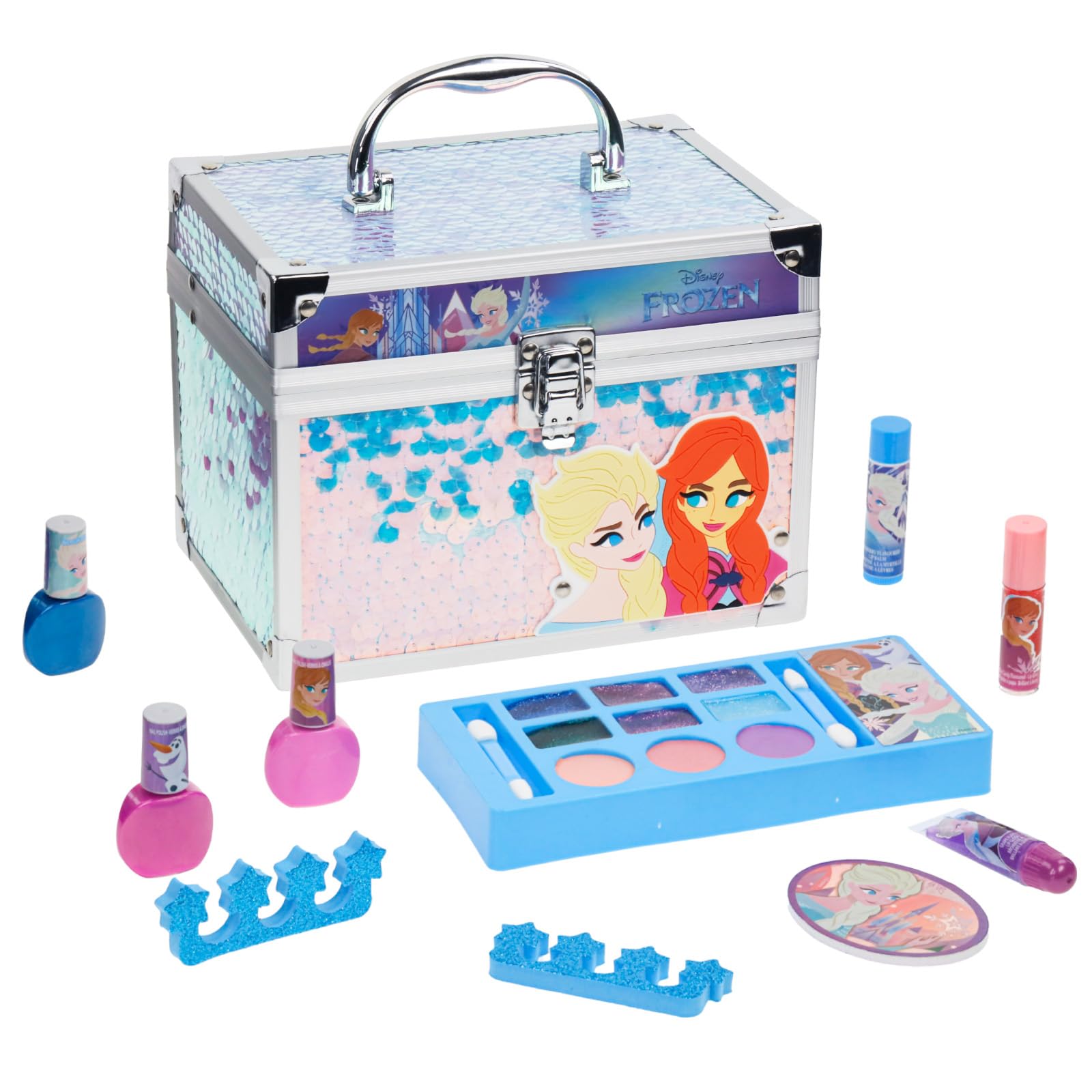 Disney Frozen Train Case Makeup Set for Kids | Makeup Kit Includes Lip Gloss, Nail Polish, Accessories & more | Gifts for Ages 3+ by Townley Girl