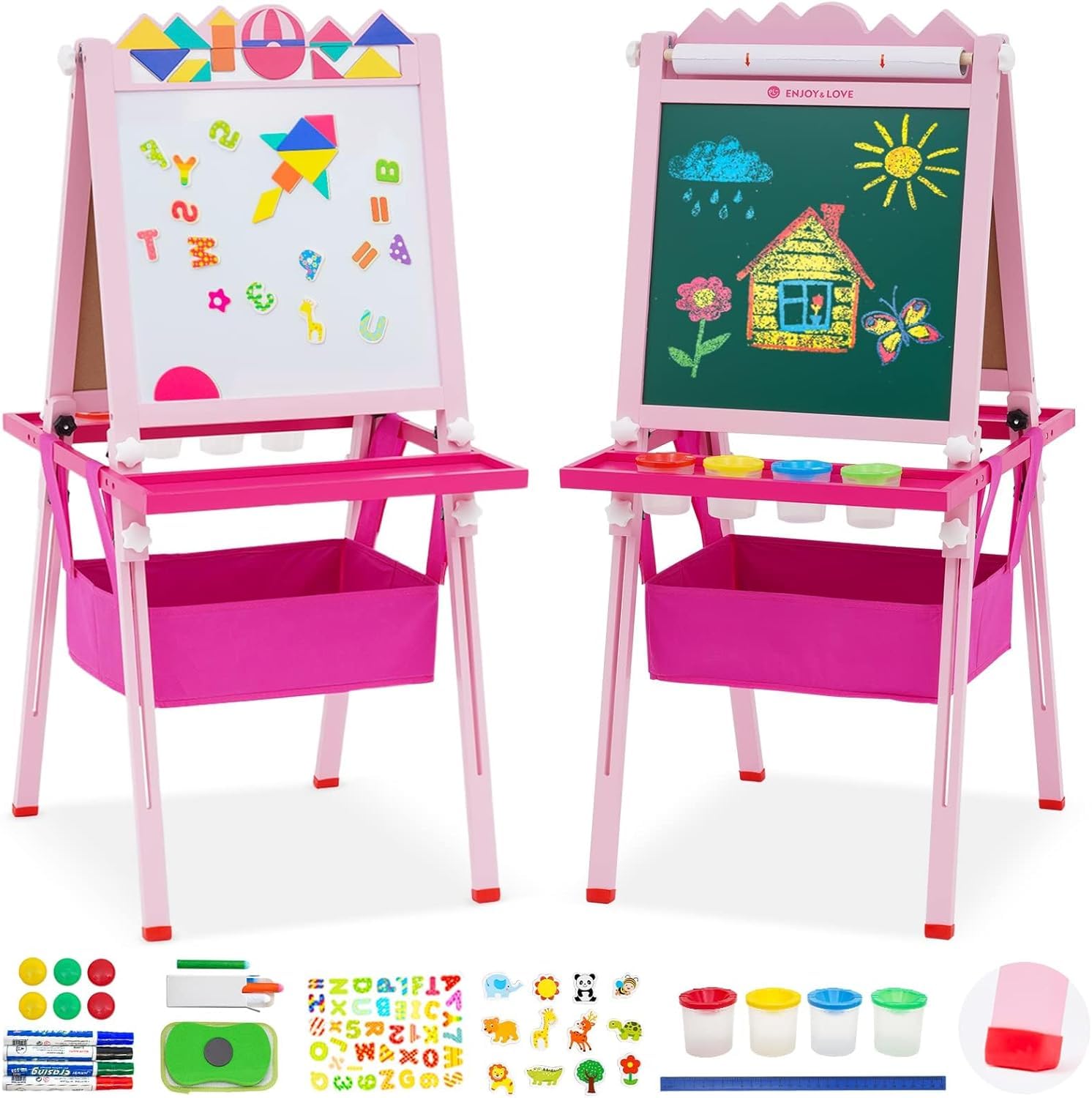 Kids Easel with Paper Roll Double-Sided Whiteboard & Chalkboard Height Adjustable Standing Easel Wooden Art Easel with Puzzle Tangram Toys and Other Accessories Gift for Kids and Toddlers