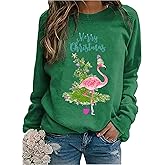 BOMYTAO Merry Christmas Flamingo Sweatshirt for Women Christmas Lights Pullovers Xmas Holiday Lightweight Shirts Blouses