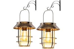 Ahaorigin Solar Lanterns Outdoor Waterproof, High Brightness Hanging Solar Lights for Outside with Wall Hooks, Retro Metal Outdoor Lanterns Auto On/Off for Porch, Patio, Yard Decor 2 Pack