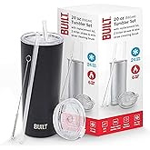 BUILT Double Walled Stainless Steel Tumbler Set with Replacement Lid, 2 Reusable Tritan Wire Straw Cleaning Brush in Gift Box, 20 Ounce, Black