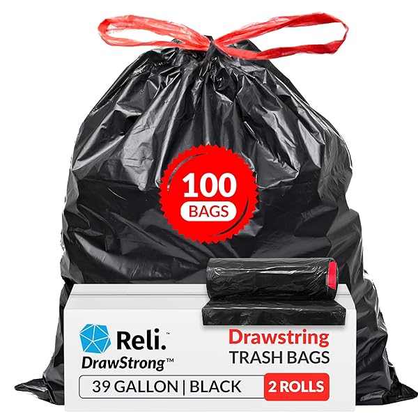 RELI. 39 GALLON TRASH BAGS DRAWSTRING (100 COUNT) LARGE 39 GALLON HEAVY DUTY DRAWSTRING TRASH BAGS, GARBAGE 39GAL CAPACITY, LAWN LEAF (39GAL, BLACK)
