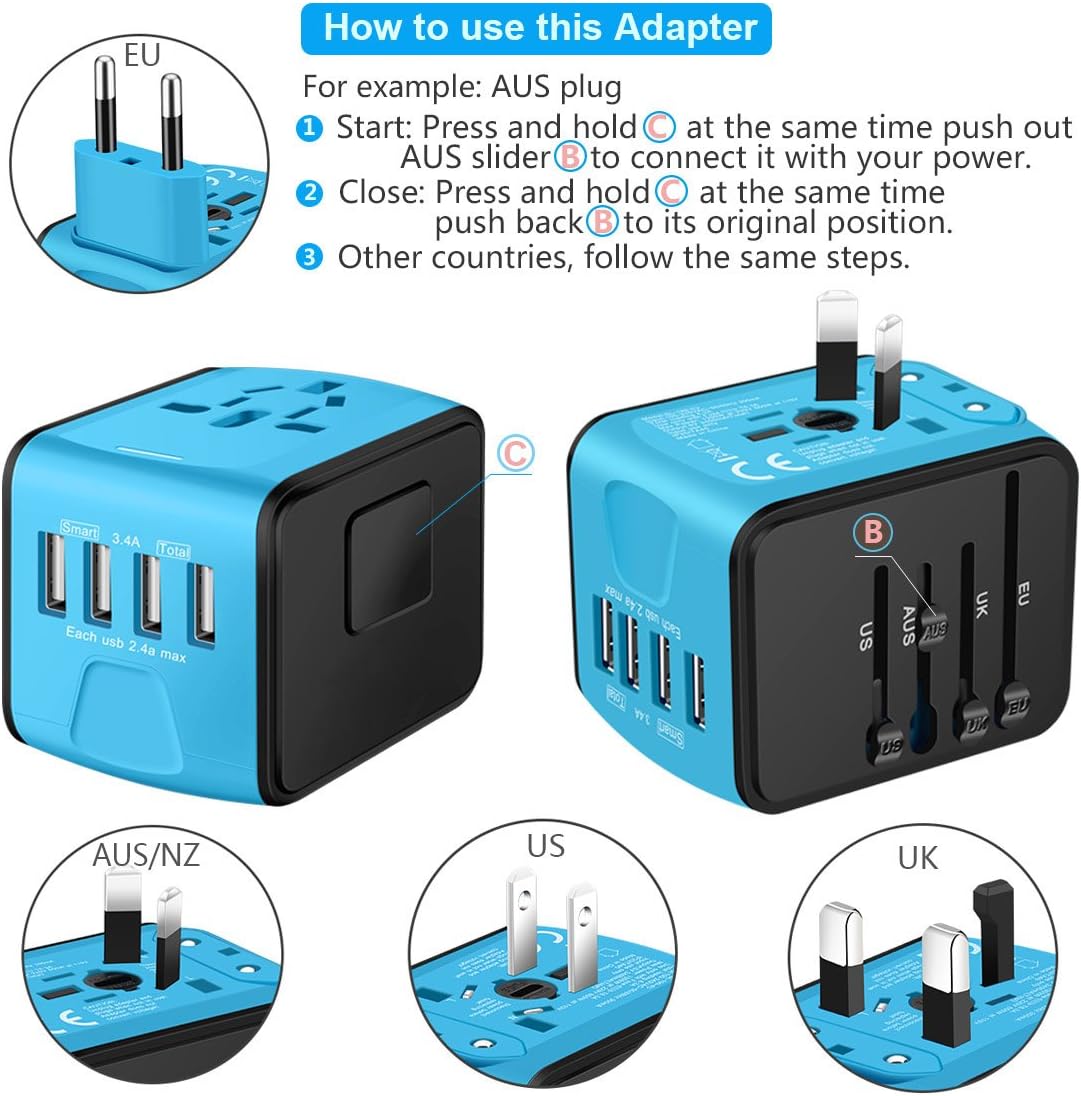 SAUNORCH Universal International Travel Power Adapter W/Smart High Speed 2.4A 4xUSB Wall Charger, European Adapter, Worldwide AC Outlet Plugs Adapters for Europe, UK, US, AU, Asia-Blue: Electronics