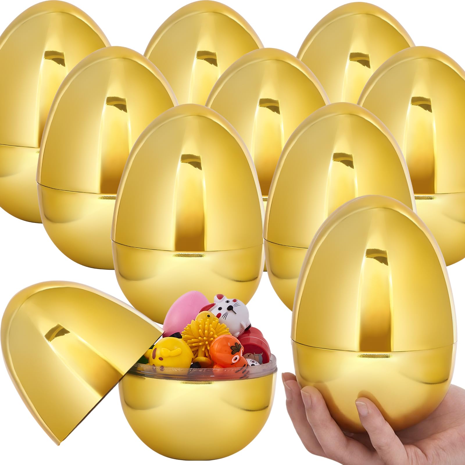 8 PCS Jumbo Gold Plastic Easter Eggs, 6 Inch Giant Metallic Golden Easter Eggs Fillable Large Empty Egg for Easter Hunt Basket Stuffers Fillers Filling Treats Classroom Prize Supplies
