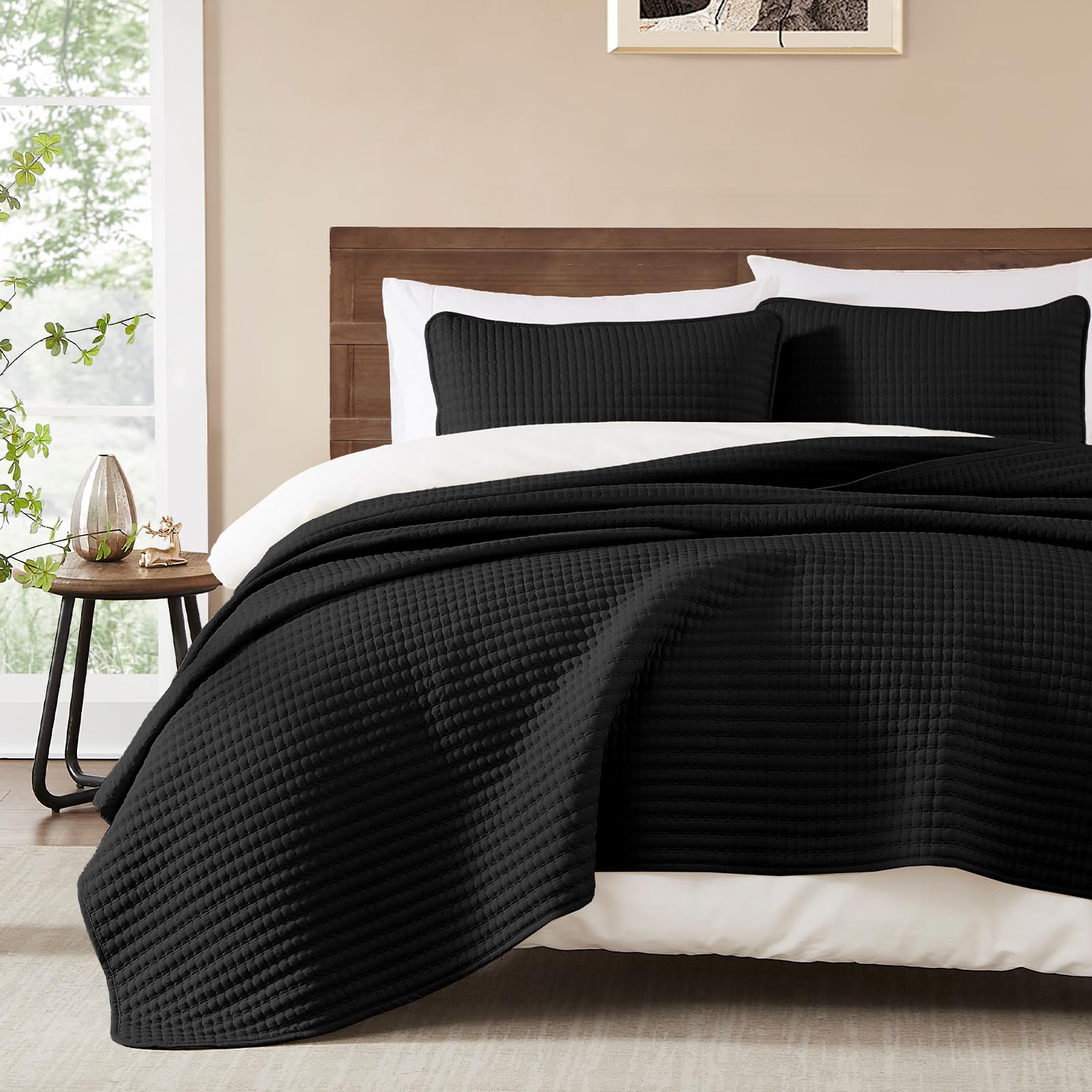 Photo 1 of WRENSONGE King Size Quilt-3 Pieces Lightweight Black Bedspreads King Quilt Bedding Set for All Seasons, Soft Summer Coverlet with 2 Pillow Shams Suitable for Bed, Couch, Quilt Blanket