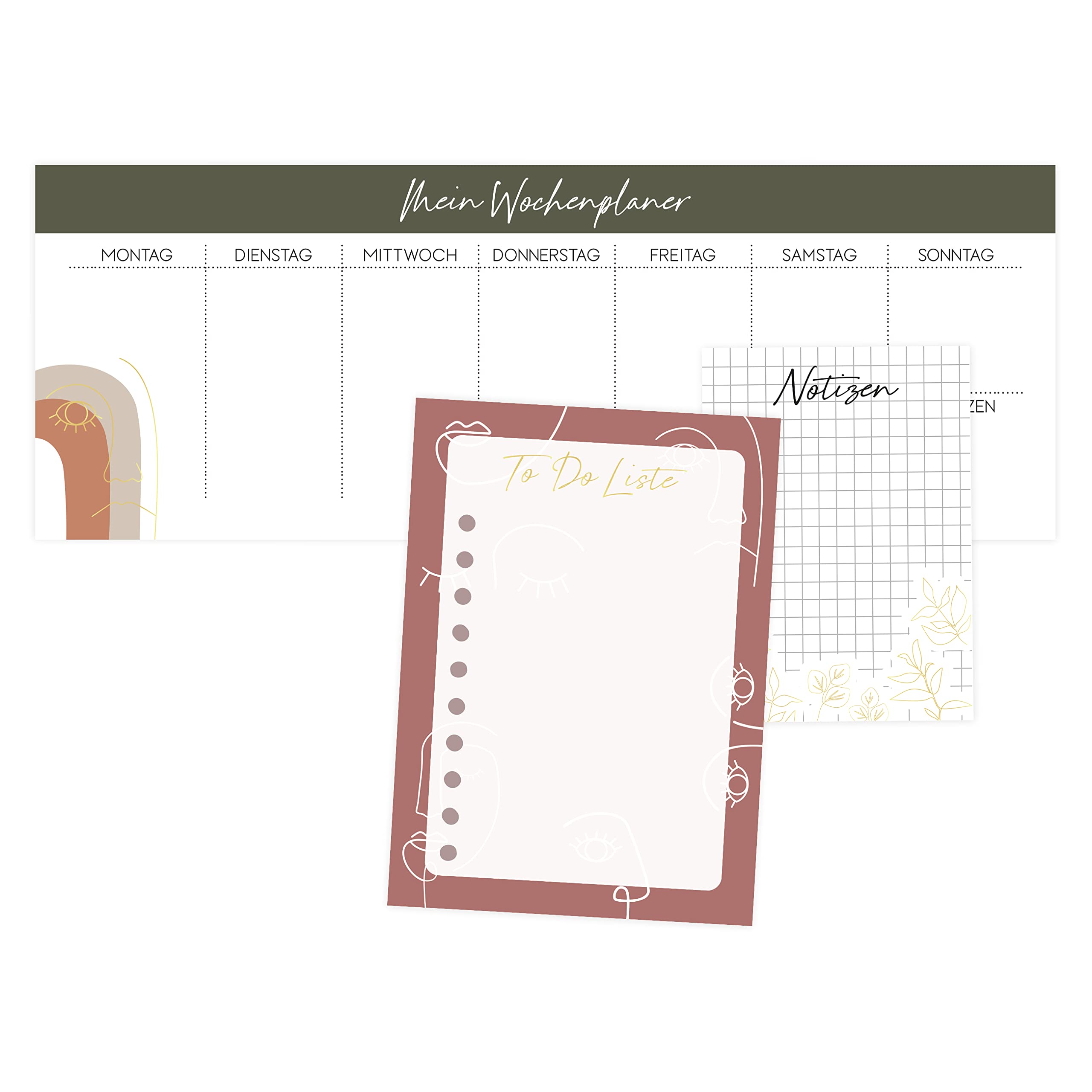 Papierdrachen Weekly Planner - 3 Writing Pads for Notes and To Do List - Daily Planner Lineart - Ideal for School, Work, University and Household - 10.5 x 29.7 cm | DIN A6 | DIN A7 - Set 5