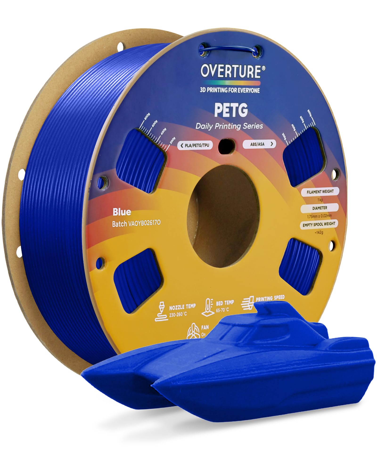 OVERTURE PETG 3D Printer Filament 1.75mm, Neatly Wound Durable PETG, 1kg Spool (2.2 lbs), Strong Toughness Filament, Accuracy +/- 0.02mm, Fit Most FDM Printers (Blue)