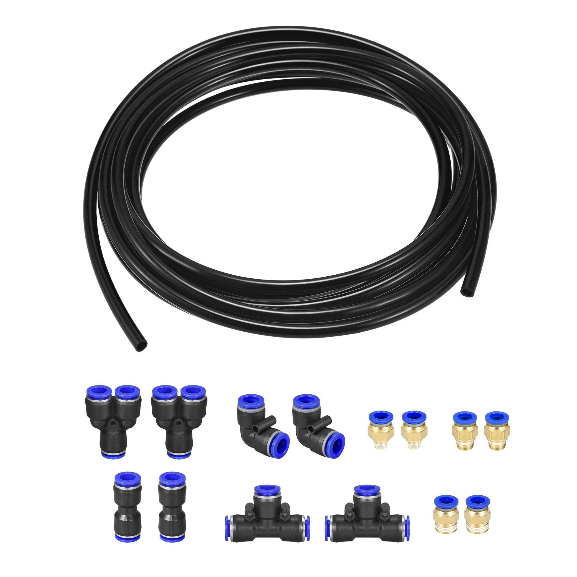 sourcing map Pneumatic Air Hose Tubing PU Air Compressor Tube 6.5mmID x 10mmOD x 10m Pipe Black with 7 Type Connect Fittings