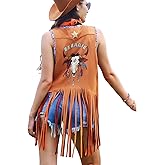 Pixiemain Women Tassel Sleeveless Rhinestone Cowgirl Vest 70s Hippie Faux Suede Fringe Jacket