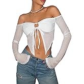 WDIRARA Women's Mesh Off Shoulder Shirt Top Cut Out Knot Front Asymmetrical Split Hem Blouse Y2k Tee Top