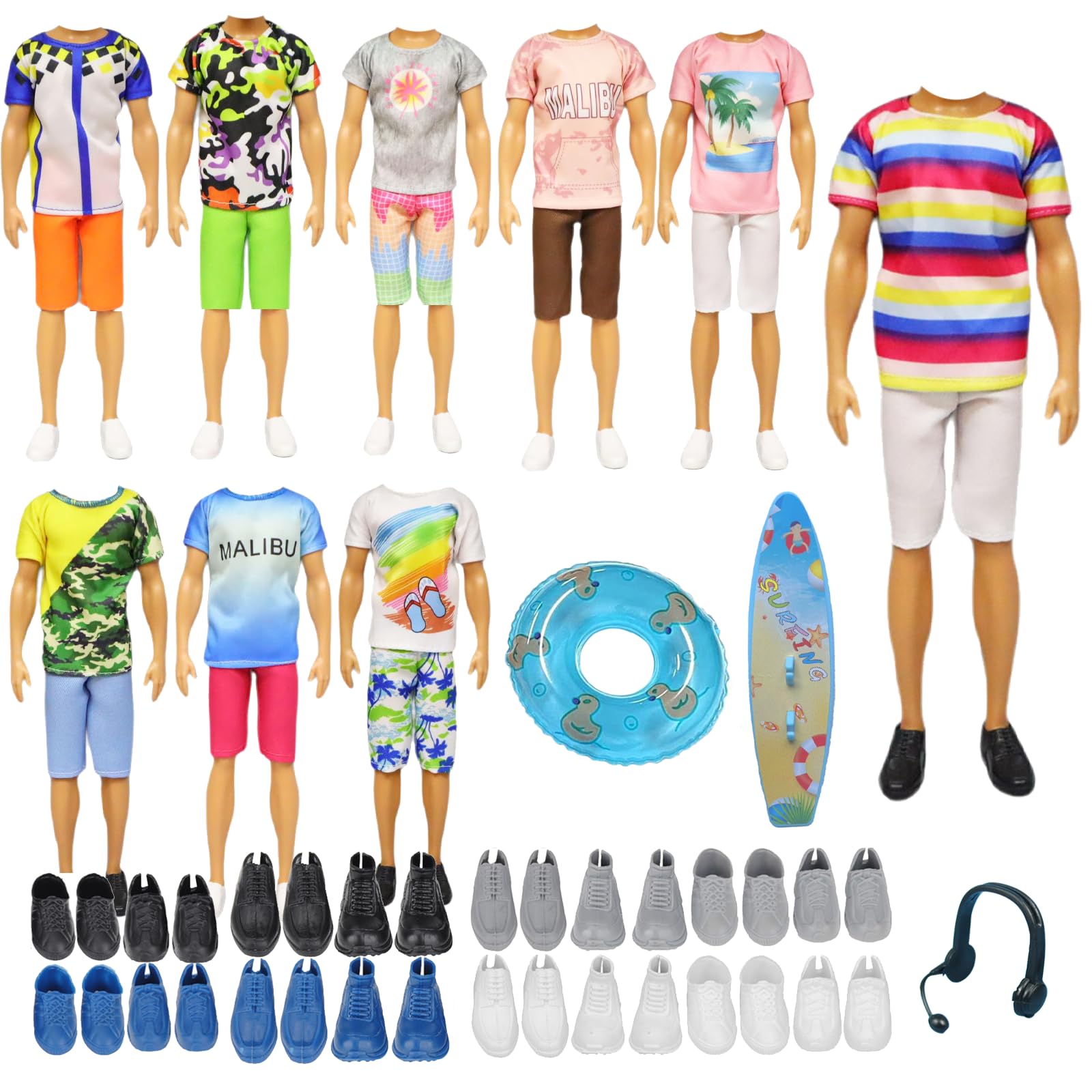 19 PCS Dolls Clothes Compatible with Ken Doll Clothes, Including 4 Tops 4 Pants, 4 Pair of Shoes 1 Swimming Ring 1 Surfboard 1 Earphone for Kids Boys Girls Play(Random Style)