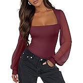 PINKMSTYLE Women's Square Neck Double Lined Mesh Long Sleeve Bodysuits Slim fit Trendy Going Out Tops Shirts