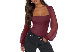PINKMSTYLE Women's Square Neck Double Lined Mesh Long Sleeve Bodysuits Slim fit Trendy Going Out Tops Shirts